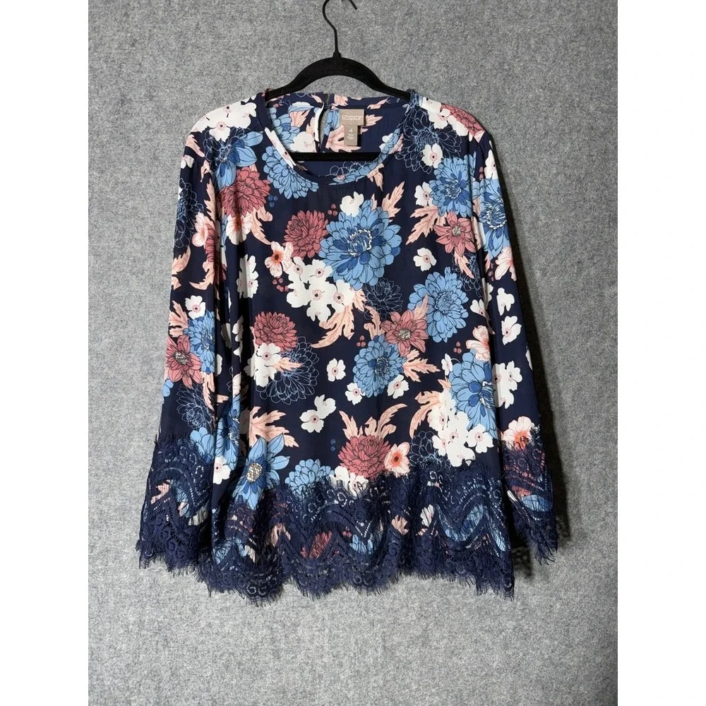 Chicos Navy Blue Floral Lace Hem Blouse Long Bell Sleeve Womens Size 4 XXL - Picture 2 of 8